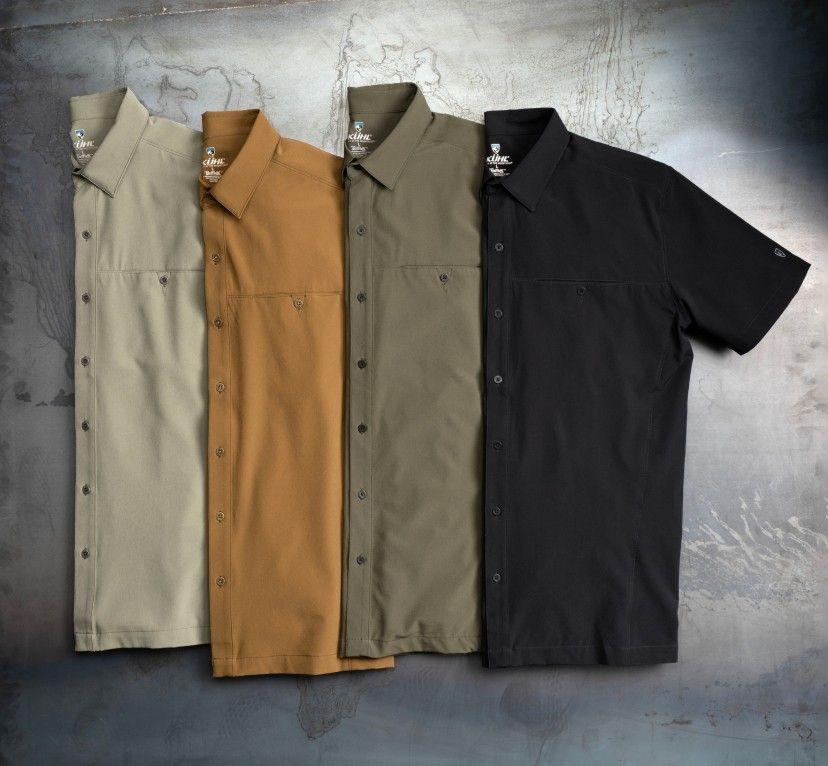 A collection of KUHL men's button up short sleeved shirts