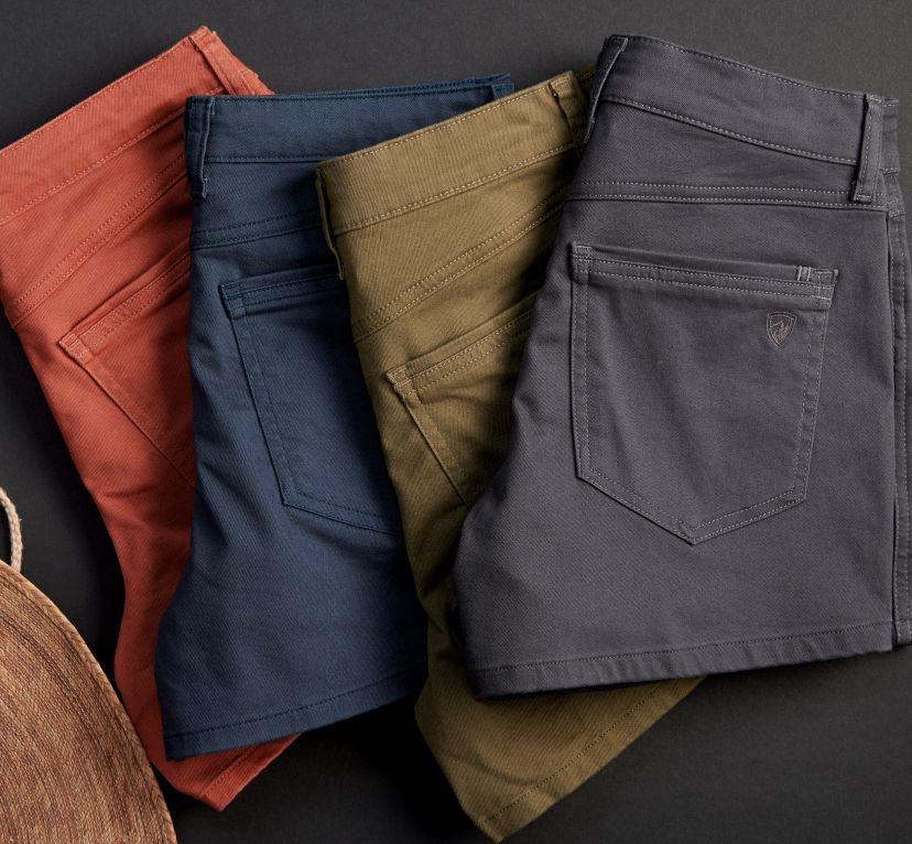 Four pairs of Kultivatr™ Shorts: tuscany, twilight, honey, and pavement.