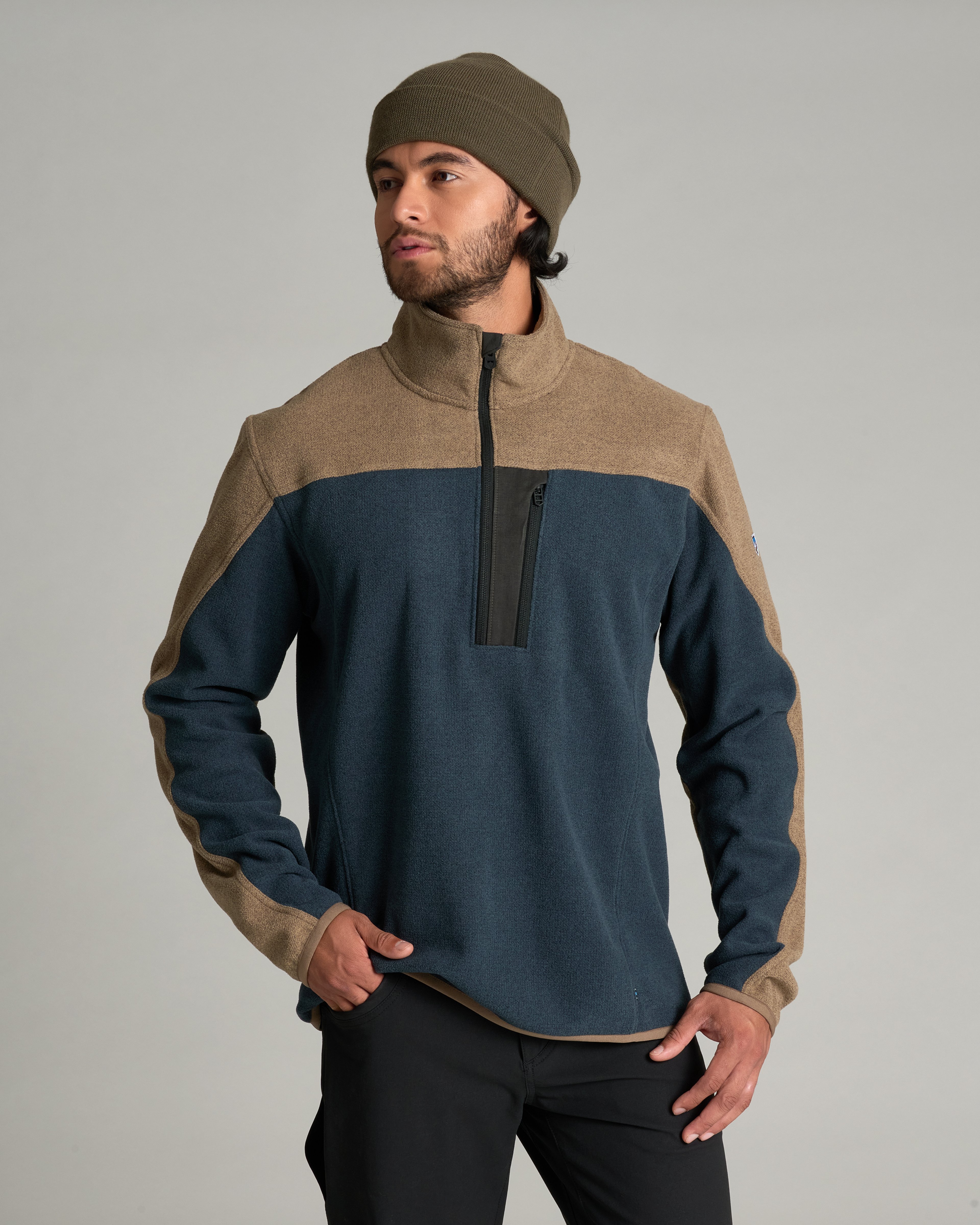KUHL Skorchr Fleece 1/4 Zip KHAKI / STORM BLUE Front