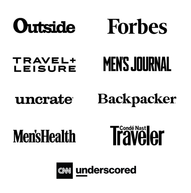 Outside Magazine, Forbes, Travel + Leisure, Men's Journal, uncrate, Backpaker, Men's Health, Conde Nast Travel, CNN underscored logos.
